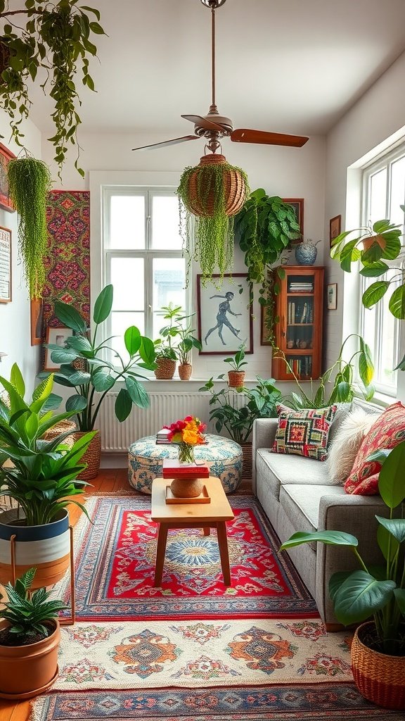 A cozy living room with a bohemian style, featuring plants, vibrant rugs, and colorful cushions.