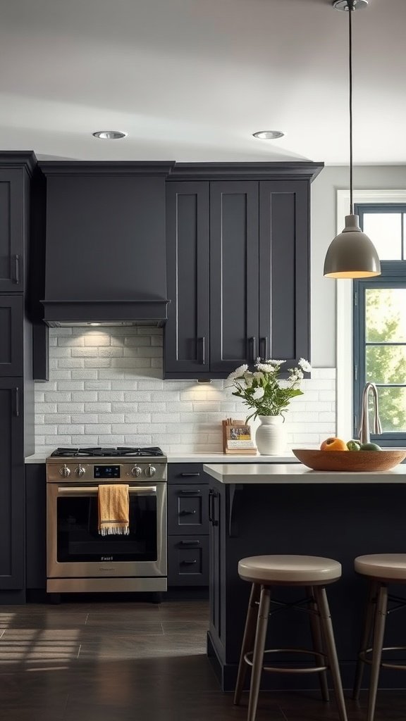 A modern kitchen featuring bold dark gray cabinets, a white brick backsplash, and stainless steel appliances.