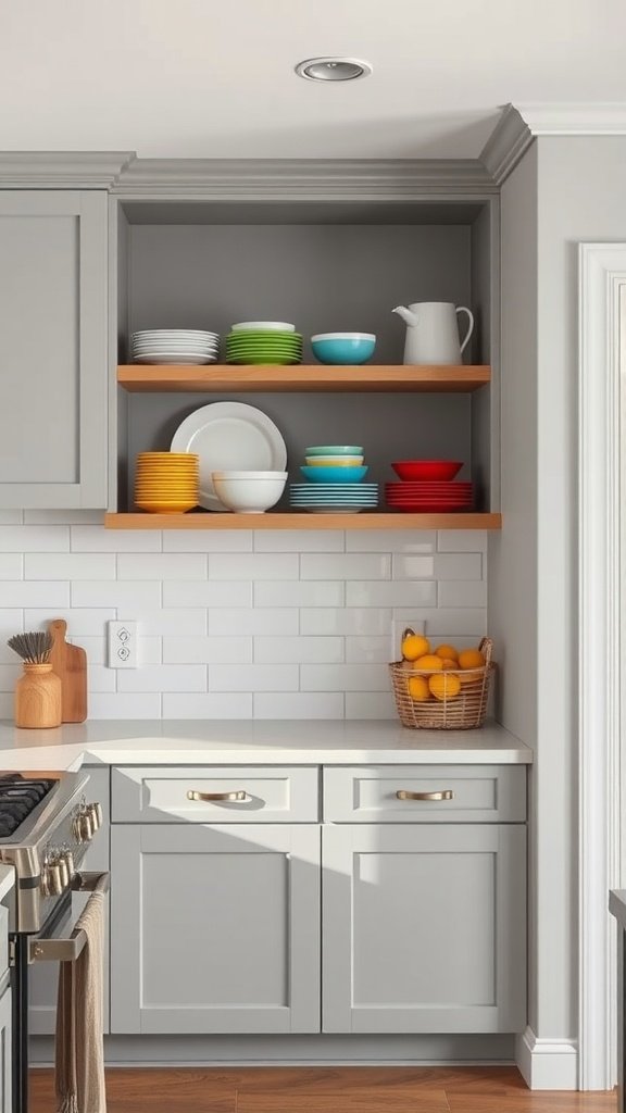 A kitchen featuring bright gray cabinets with open shelving displaying colorful plates and bowls, creating an inviting atmosphere.