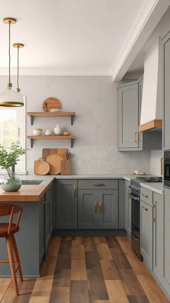 A modern kitchen featuring gray cabinets, wooden accents, and a cozy atmosphere