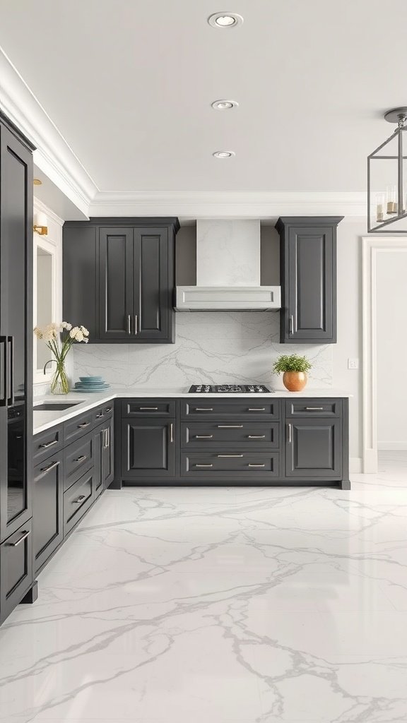 A modern kitchen featuring charcoal gray cabinets and a marble backsplash.