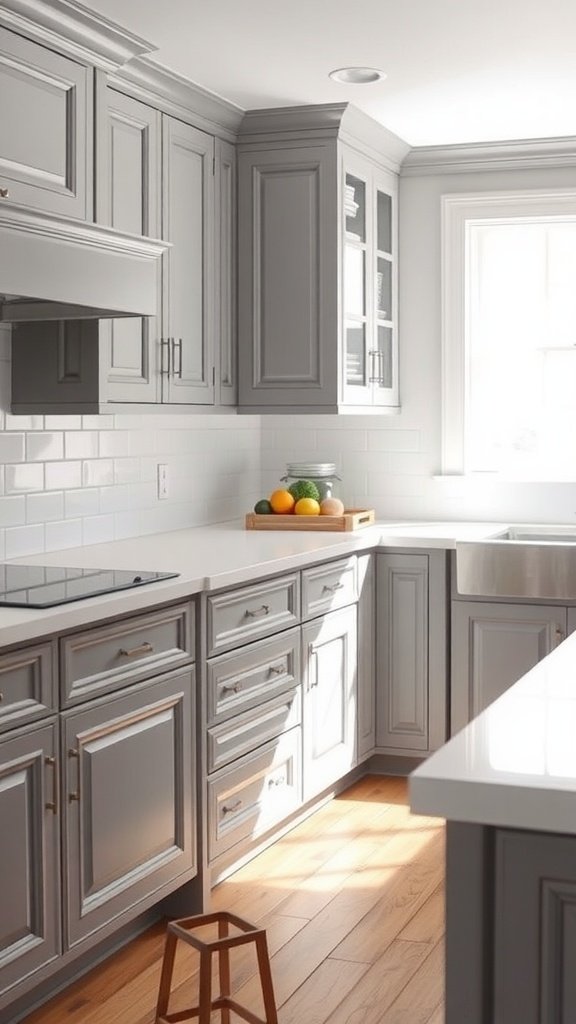 A gray kitchen with white countertops, featuring elegant cabinetry and a tray of fruits.