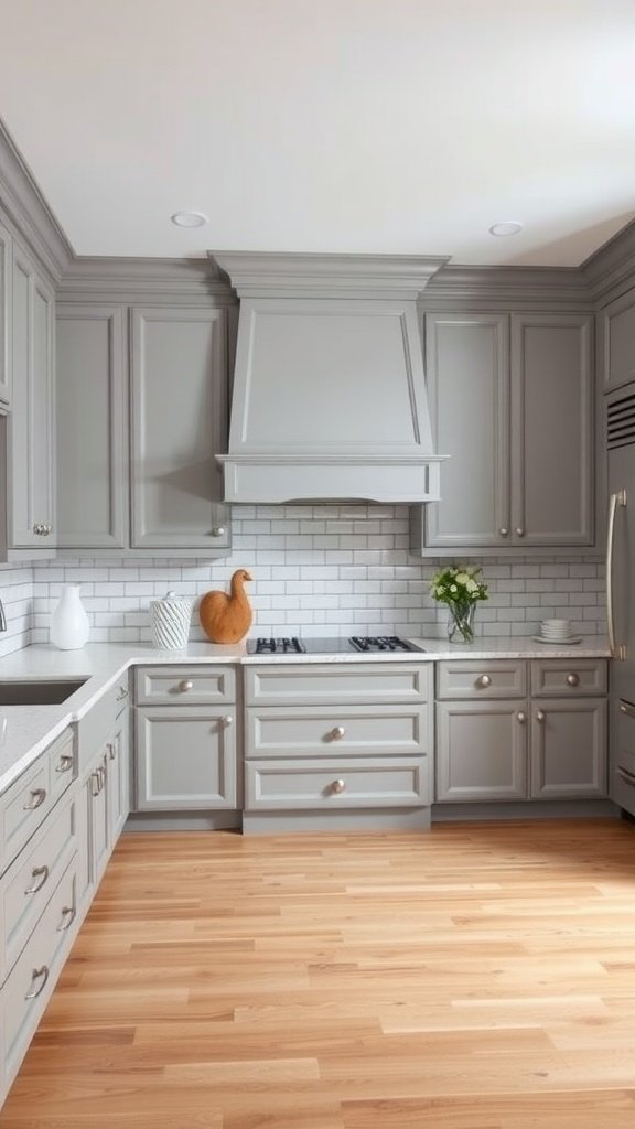 A modern kitchen with gray cabinets and elegant crown molding, featuring a wooden floor and stylish decor.