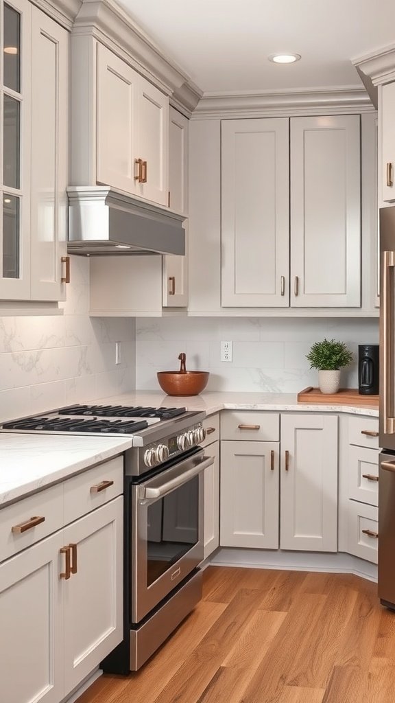 Classic light gray shaker kitchen cabinets with brass hardware and marble countertops