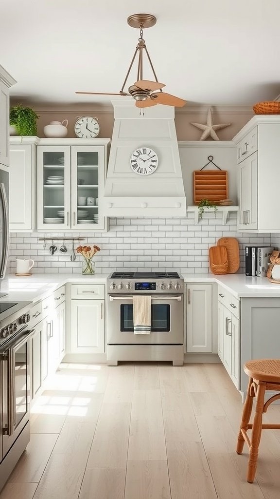 A bright kitchen featuring coastal gray cabinets, white subway tiles, and beach-themed decor.