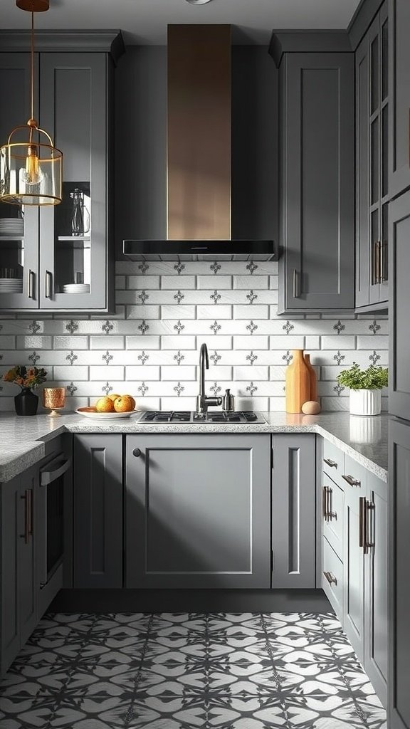 A kitchen featuring contemporary gray cabinets, geometric patterned floor tiles, and a stylish design