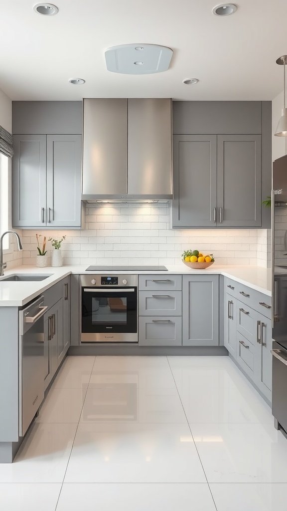 A modern kitchen featuring gray cabinets, white countertops, and stainless steel appliances.