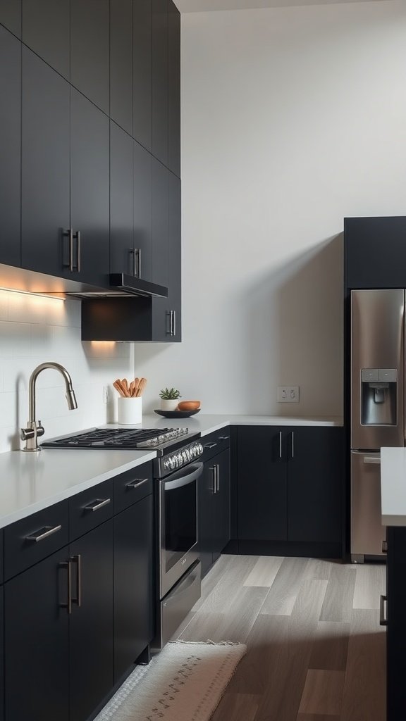 A modern kitchen with dark charcoal cabinets, stainless steel appliances, and a sleek design.