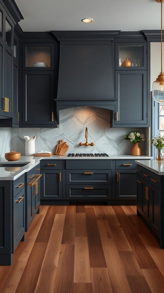 A modern kitchen featuring dark stone gray cabinetry with gold hardware, light countertops, and a stylish backsplash.