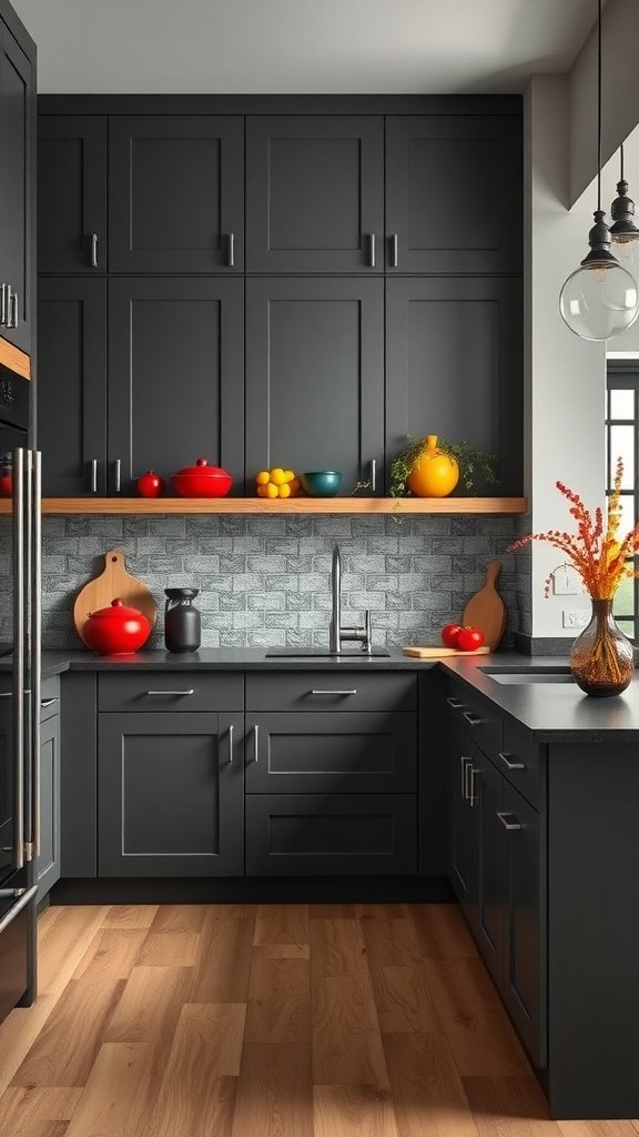 A kitchen featuring deep slate gray cabinets with bright red and yellow accents, showcasing a modern and inviting atmosphere.