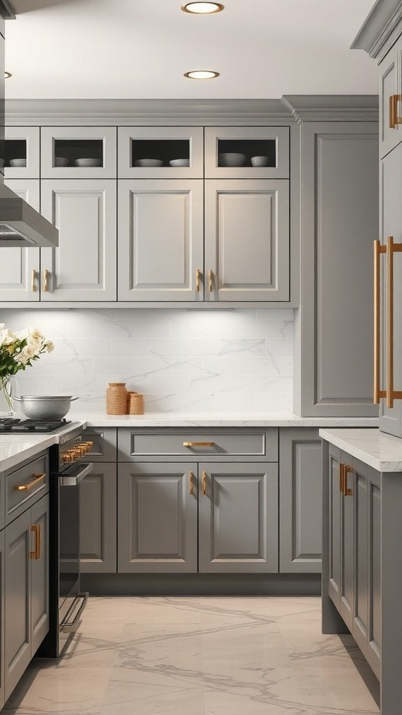 A modern kitchen featuring dove gray cabinets with gold fixtures and a marble countertop.