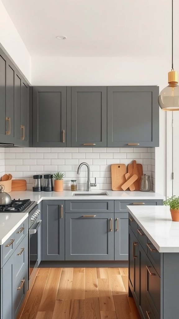 Graphite gray kitchen cabinets with minimalist design, featuring wooden accents and modern fixtures.