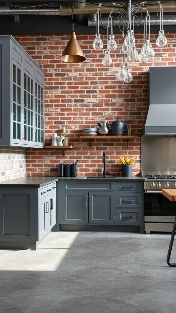 A kitchen featuring graphite gray cabinets and a brick wall.