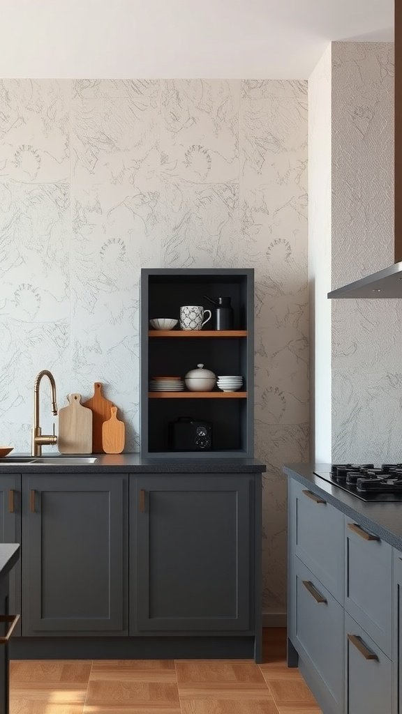 A modern kitchen featuring graphite gray cabinets, textured wall, and wooden accents.