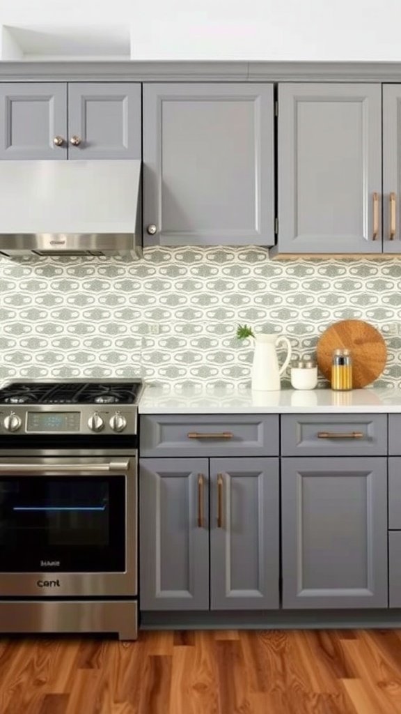 Gray kitchen cabinets with bold patterned backsplash and modern appliances.