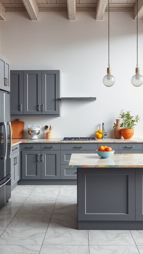 A modern kitchen featuring gray cabinets and a colorful island with a fruit bowl.