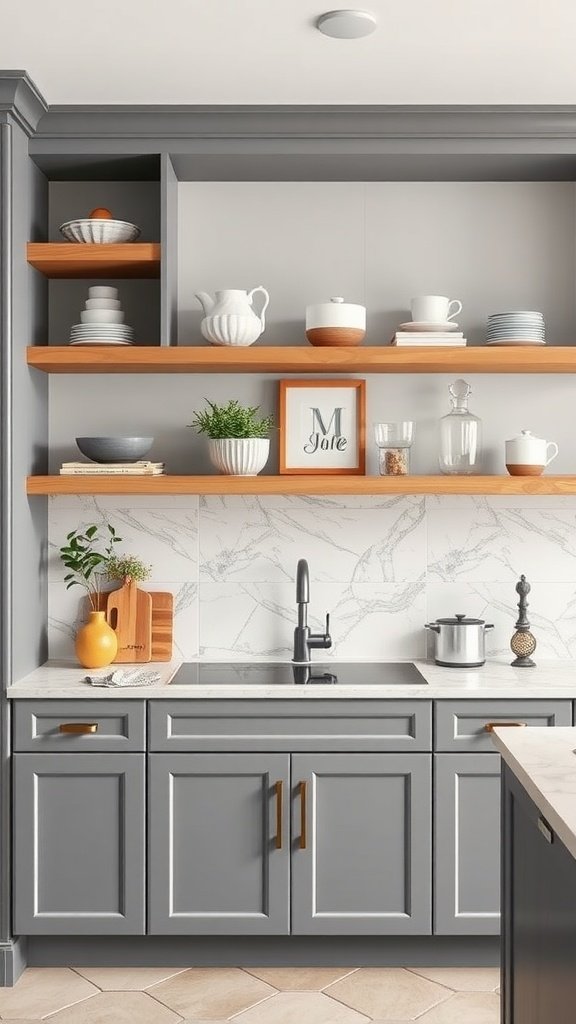 A stylish kitchen featuring gray cabinets and open wooden shelves displaying dishware and decorative items.