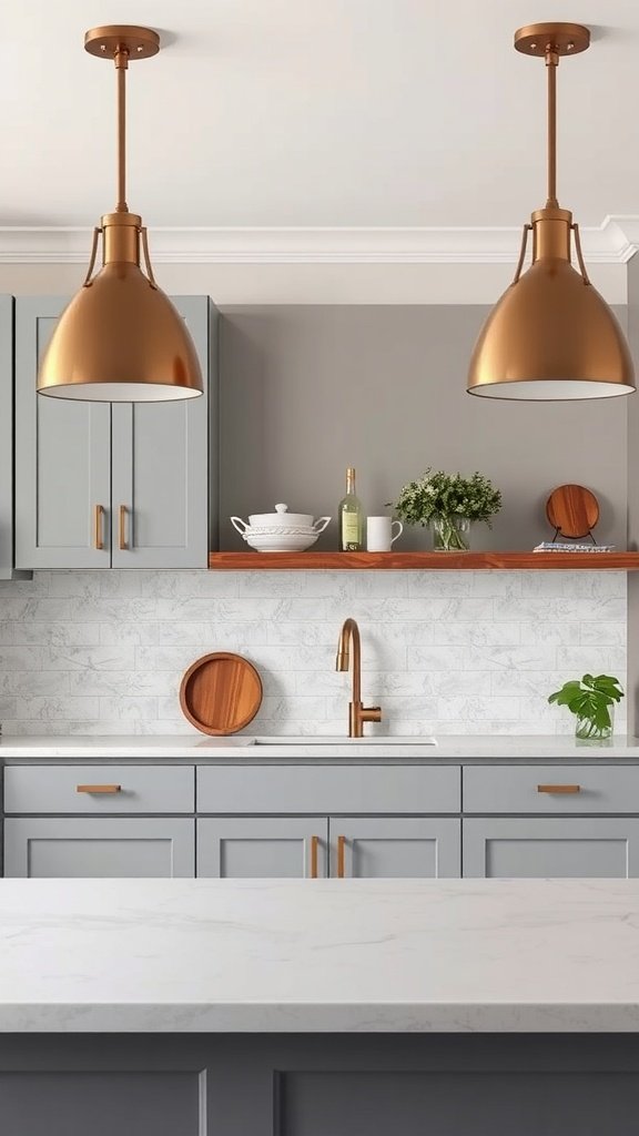 A modern kitchen featuring gray cabinets with copper pendant lights and a white marble countertop.