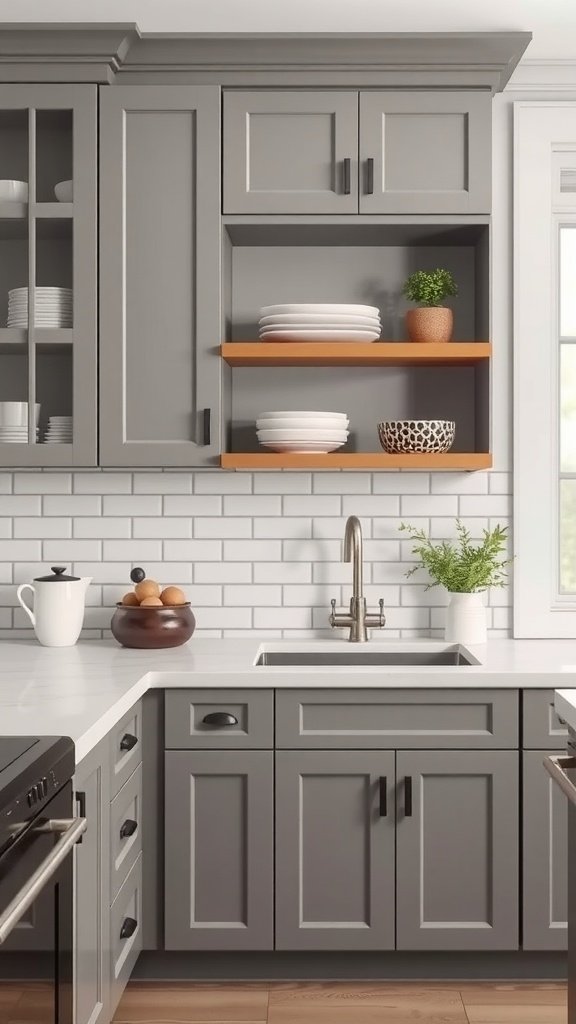 A modern kitchen with gray cabinets, subway tile backsplash, and open shelving