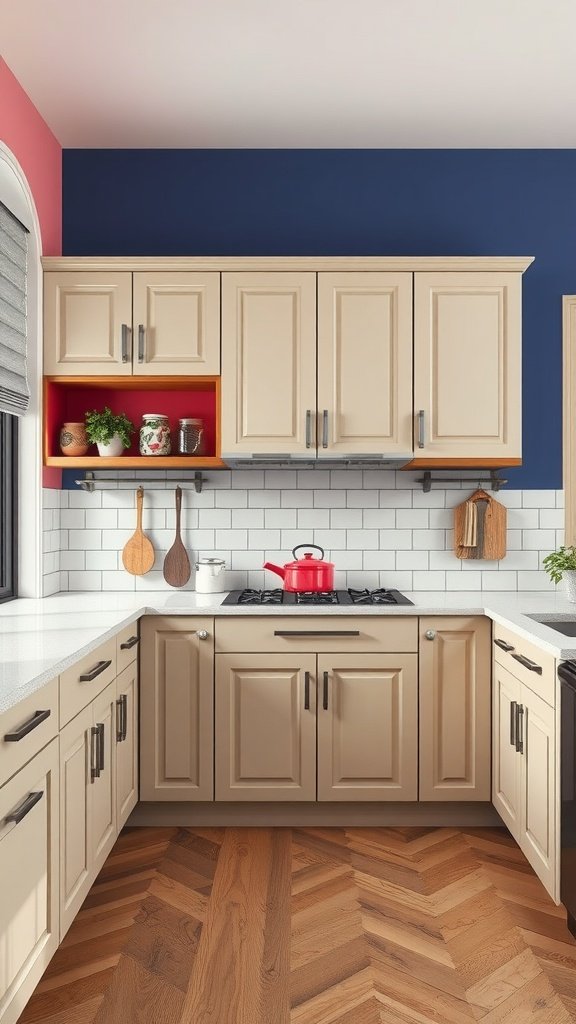 A kitchen with greige cabinets against vibrant wall colors, featuring a mix of navy blue and red accents.