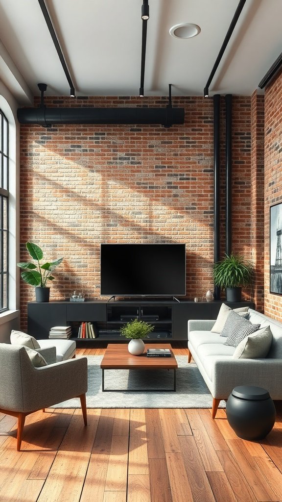 A stylish living room featuring exposed brick walls, modern furniture, and greenery.