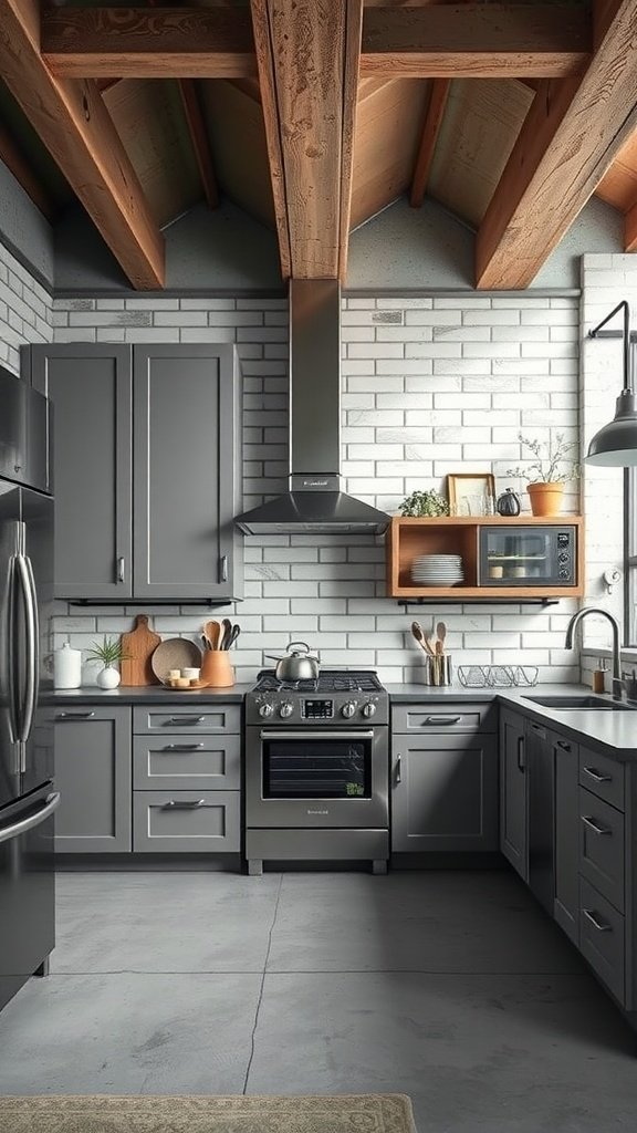 A modern kitchen featuring industrial gray cabinets with metal accents, light brick backsplash, wooden beams, and open shelving.