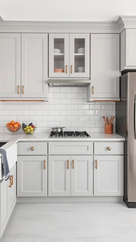 A kitchen featuring light gray cabinets and a white subway tile backsplash with brass hardware.