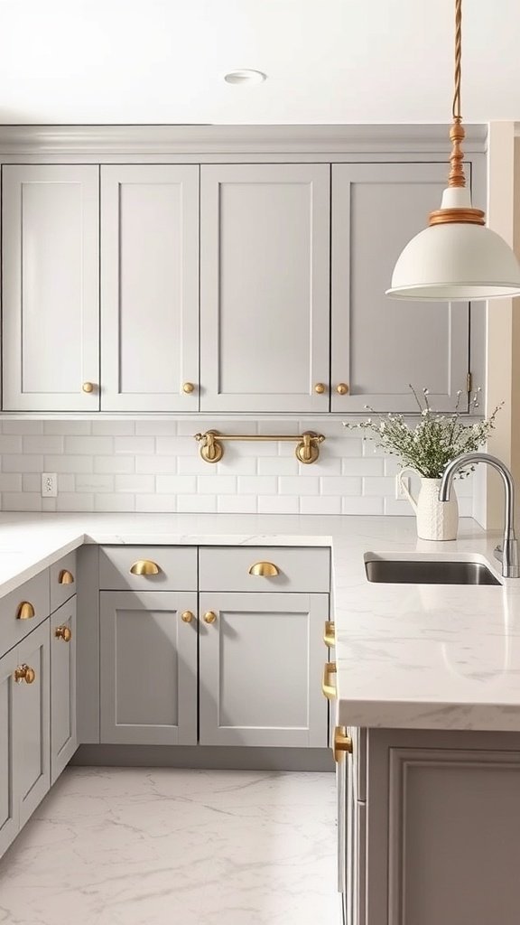 Light gray shaker kitchen cabinets with brass hardware and white subway tile backsplash