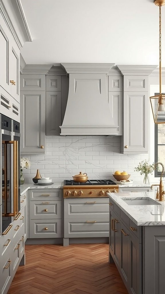 A modern kitchen featuring gray cabinets with gold accents, a marble countertop, and a warm wood floor.