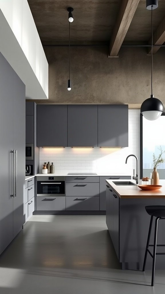 Modern kitchen featuring matte gray cabinets, wooden island countertop, and sleek design elements.