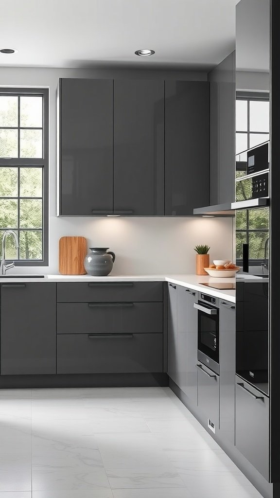 A modern kitchen featuring matte gray high gloss cabinets, white countertops, and large windows.