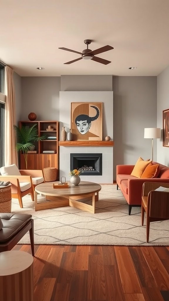 A stylish mid-century modern living room featuring a warm color palette, wooden furniture, and artistic decor.