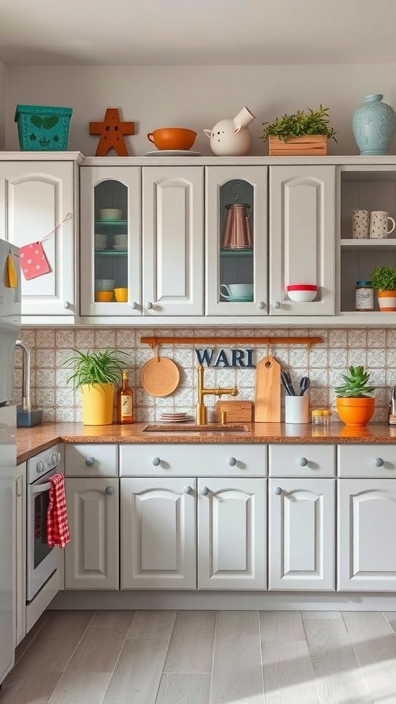 A kitchen featuring misty gray cabinets with colorful decorative items on the shelves and countertop.