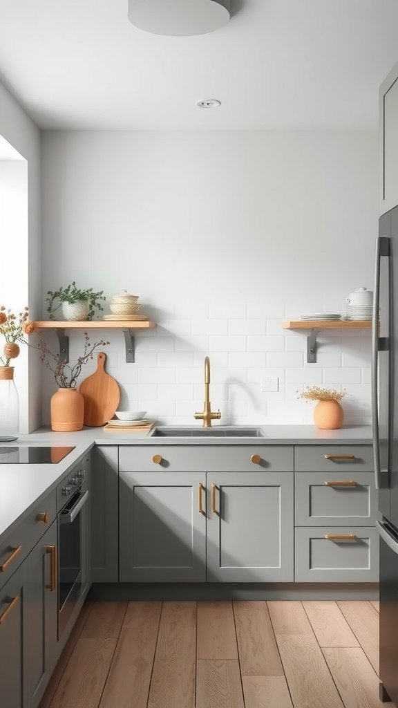 A modern gray kitchen with Scandinavian design elements, featuring gray cabinets, gold hardware, and wooden shelves.