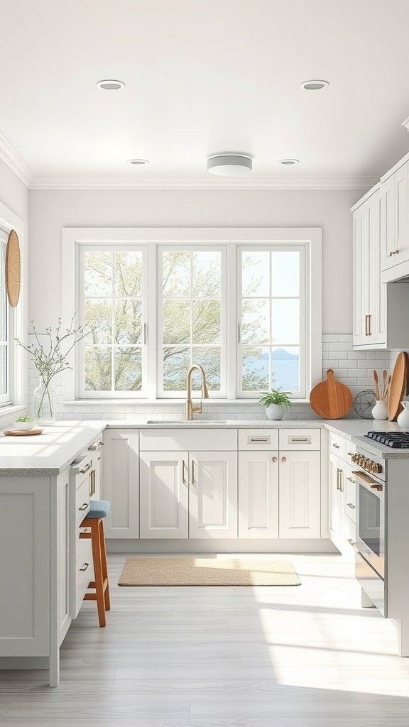 A bright and airy kitchen featuring pale gray cabinets, a large window with a coastal view, and warm wooden accents.