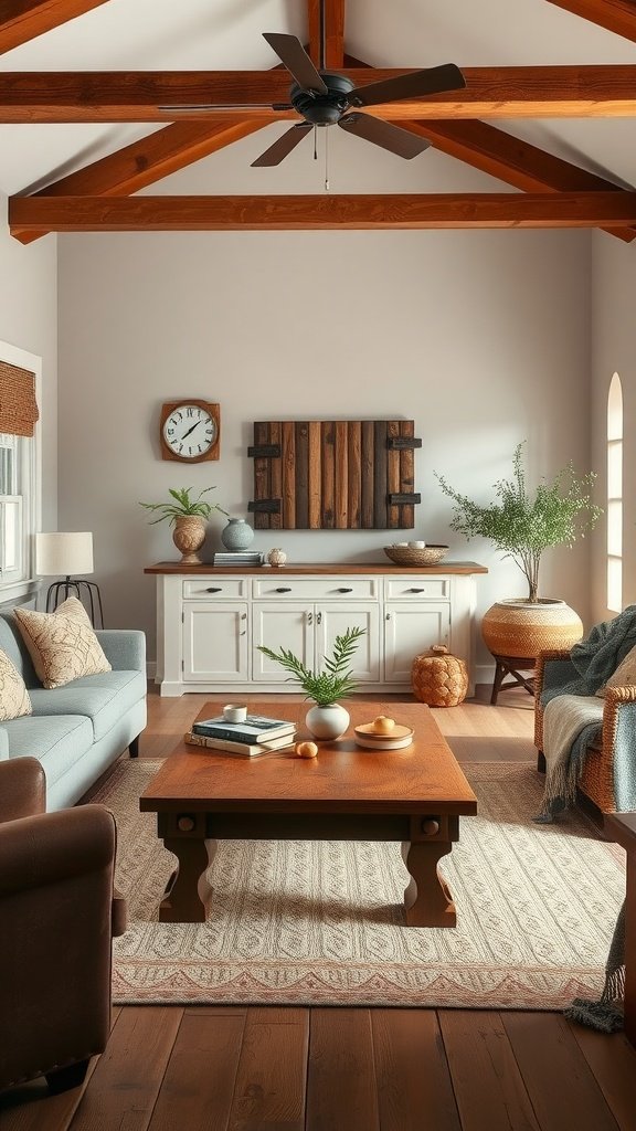 A cozy rustic farmhouse living room featuring wooden beams, a soft sofa, and a wooden coffee table with decorative elements