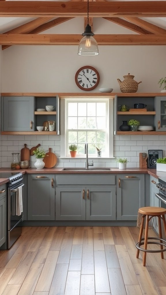 Rustic gray barn-style kitchen cabinets with wood accents and open shelving