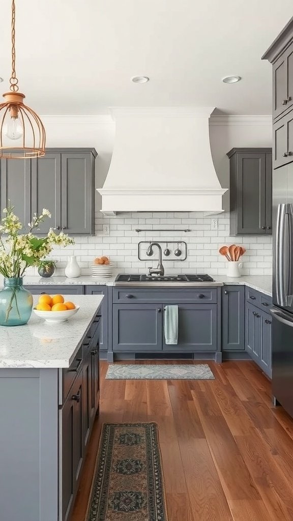 A stylish kitchen featuring slate gray cabinets, white subway tiles, and wooden floors.