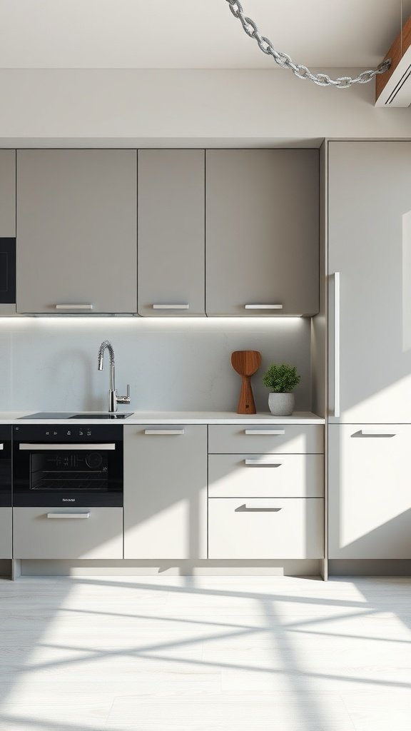 A modern kitchen with sleek gray cabinets, integrated appliances, and under-cabinet lighting