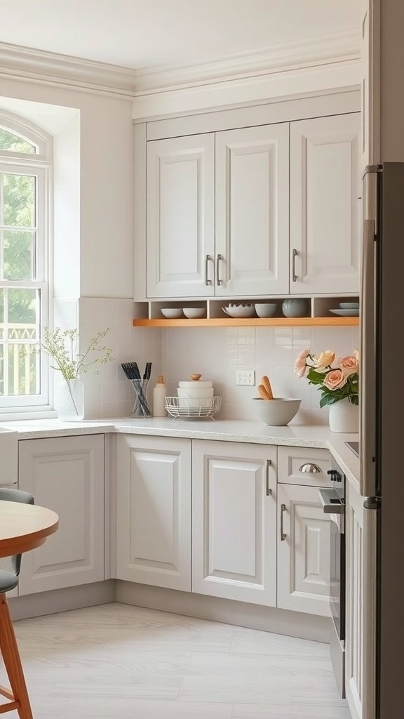 A cozy kitchen featuring soft dove gray cabinets and a warm wooden shelf.