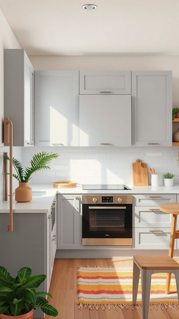 A kitchen featuring soft gray cabinets and natural wood accents, with plants and a bright, inviting atmosphere.