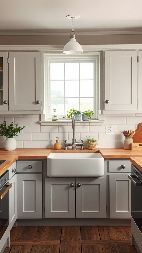 A cozy kitchen featuring soft gray cabinets, a farmhouse sink, and wood countertops.