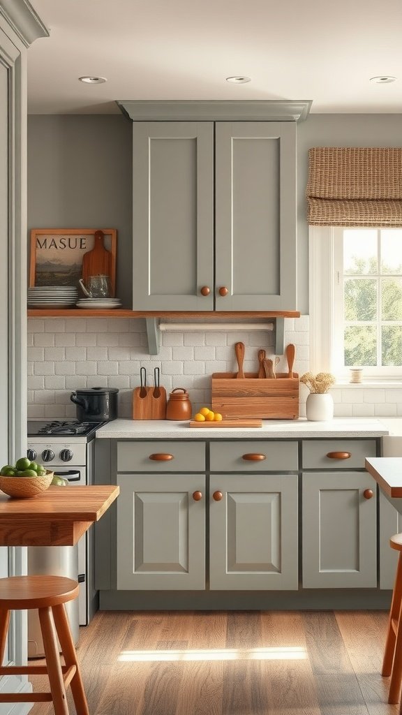 A cozy kitchen featuring soft pebble gray cabinets and natural wood accents, showcasing a warm and inviting design.