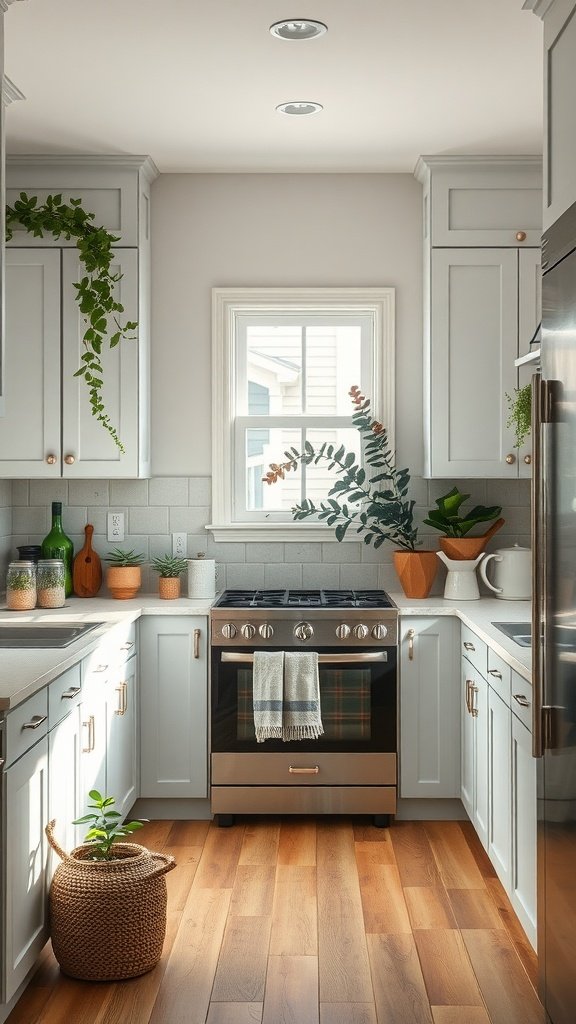 A cozy kitchen with soft sage gray cabinets, wooden flooring, and plants, creating a calm ambiance.