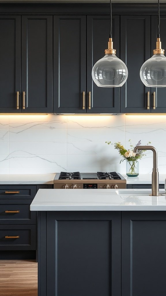 Kitchen featuring charcoal gray cabinets with gold hardware and warm lighting