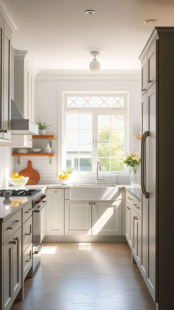 A kitchen featuring subtle pearl gray cabinets, a large window, and natural light illuminating the space.