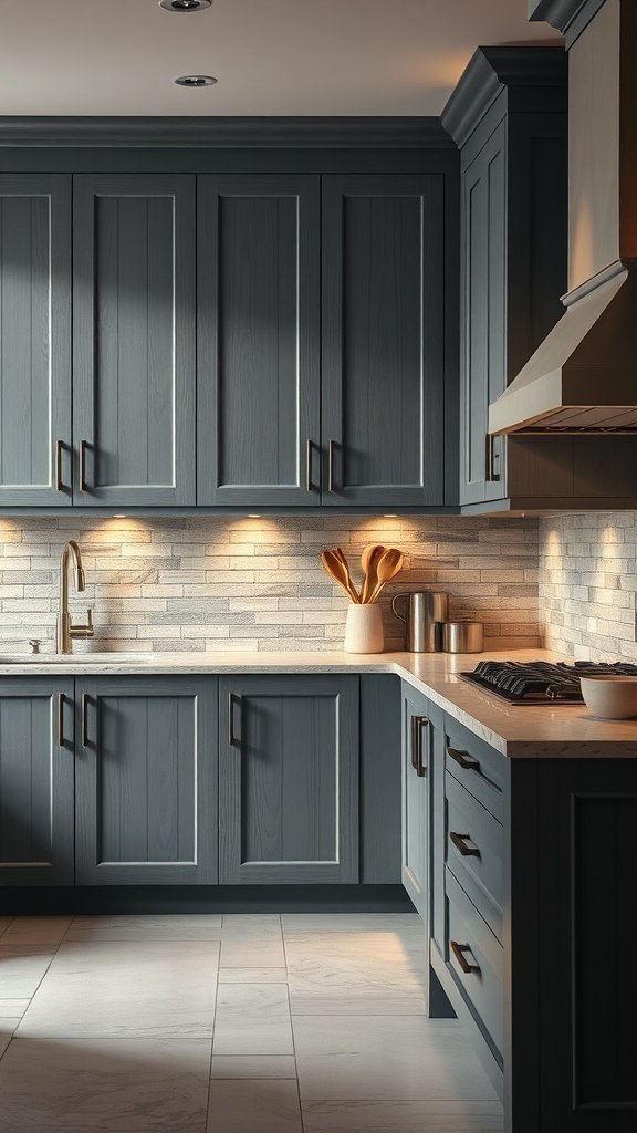 A modern kitchen featuring textured gray panel cabinets with warm lighting and a light backsplash.