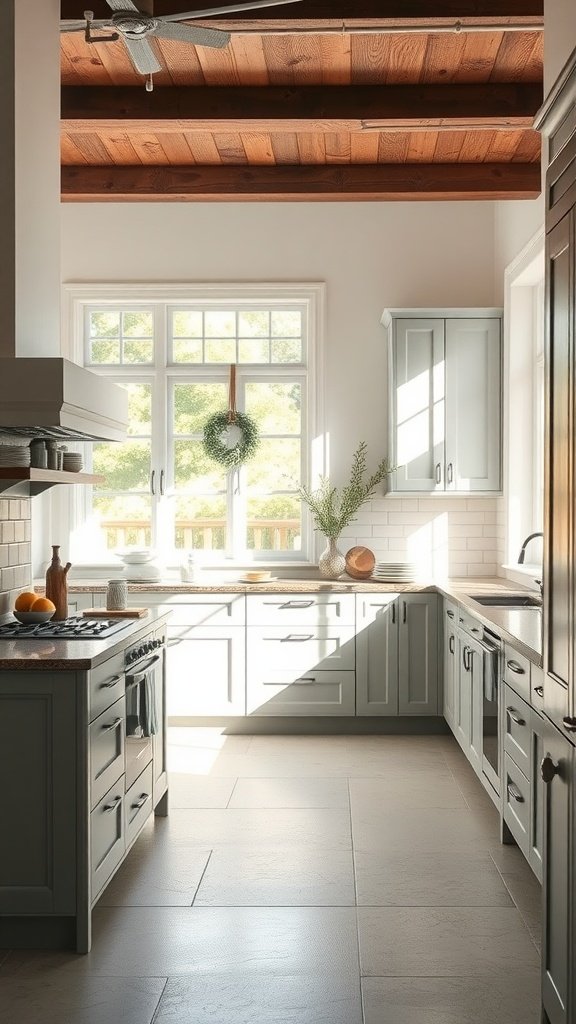 A kitchen with stone gray cabinets and natural light streaming through large windows, highlighting wooden beams and a welcoming atmosphere.