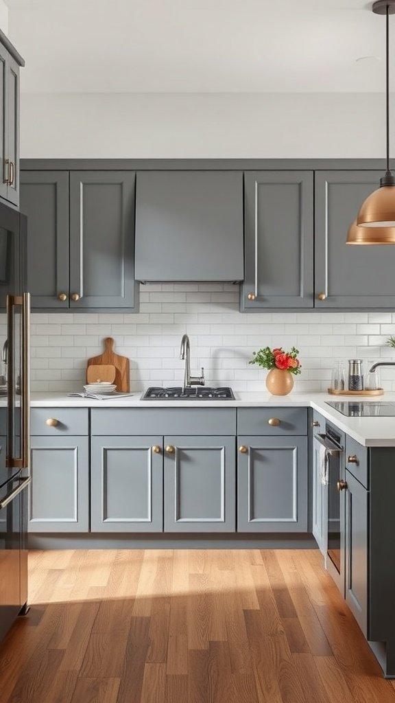 A kitchen featuring two-tone gray cabinets with warm metallic accents and natural wood flooring.