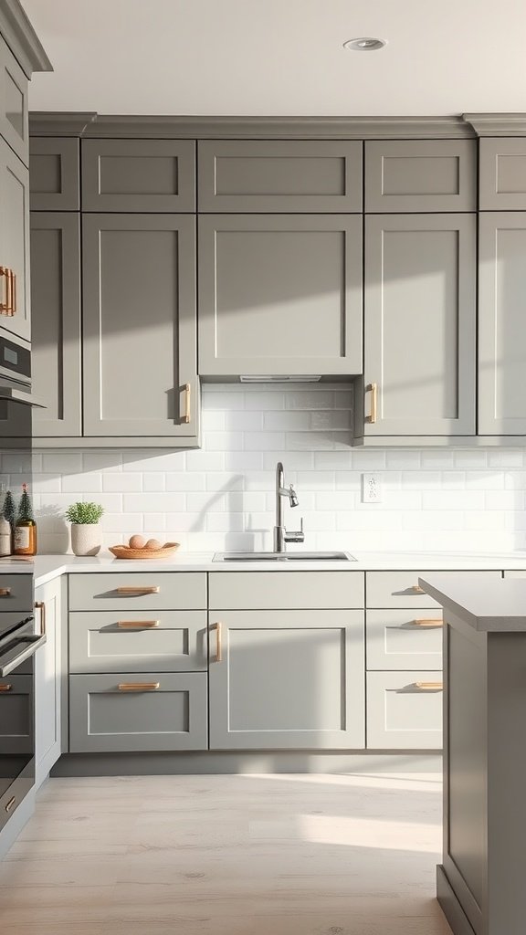 A kitchen featuring two-tone gray cabinets on top and white lower units, with gold hardware and a subway tile backsplash.